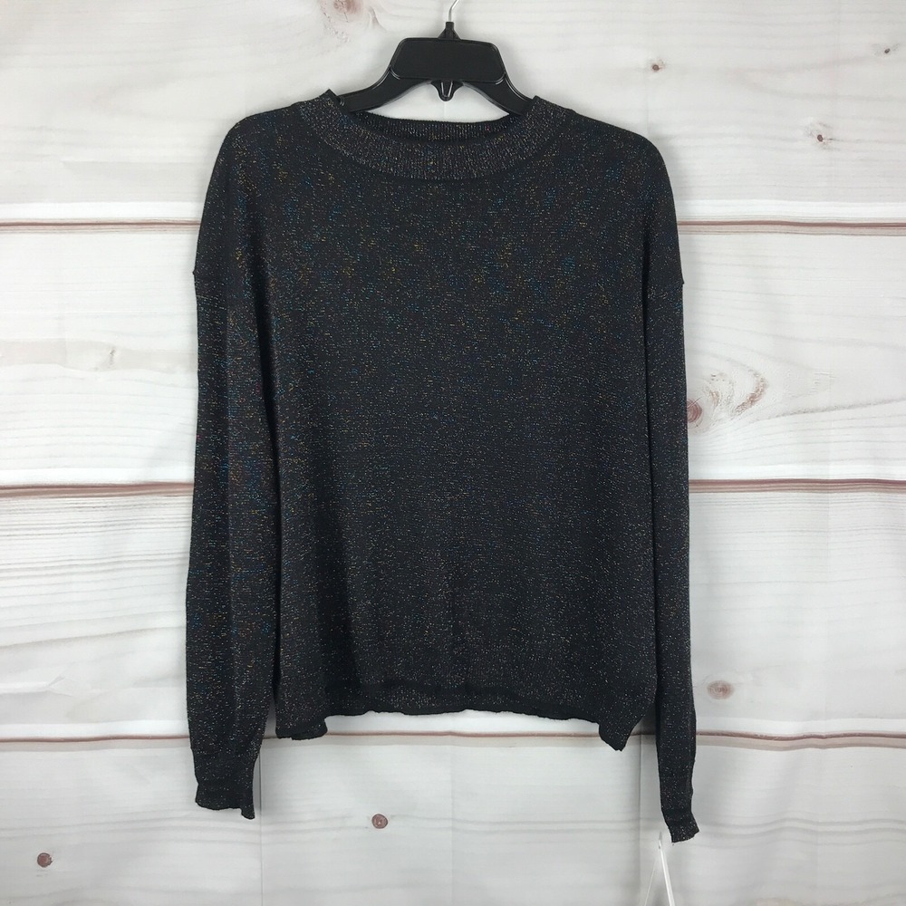 Aqua  Sweater Womens S Black Rainbow Metallic Pullover Crew Neck Long Sleeve